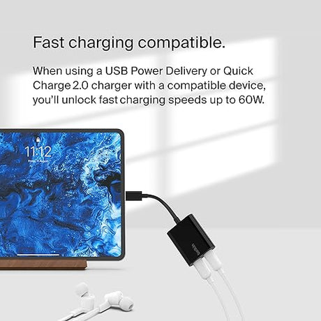Belkin RockStar USB-C Audio + Charge Adapter, Headphone Adapter w/ USB-C 60W Power Delivery Fast Charging for iPhone, iPad Pro, Galaxy, Note, Google Pixel, LG G6, Sony Xperia, OnePlus, & More - Black Black USB-C USB-C Audio + USB-C Charge