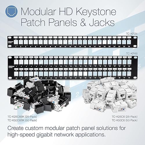TRENDnet Cat6 RJ45 Keystone Jack 50-Pack Bundle, TC-K50C6, Compatible with Cat5/Cat5e/Cat6 Cabling, 90° Angle Termination, Use with The TC-KP24 or TC-KP48 Blank Keystone Patch Panels(Sold Separately) 50-Pack Keystone Jacks - White