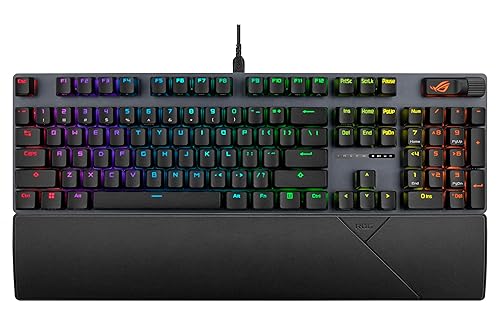 ASUS ROG Strix Scope II Gaming Keyboard, pre-lubed ROG NX Snow Linear Mechanical switches, Sound-dampening Foam, PBT doubleshot keycaps, Streaming hotkeys, Multi-Function Controls, Wrist Rest Snow Switch