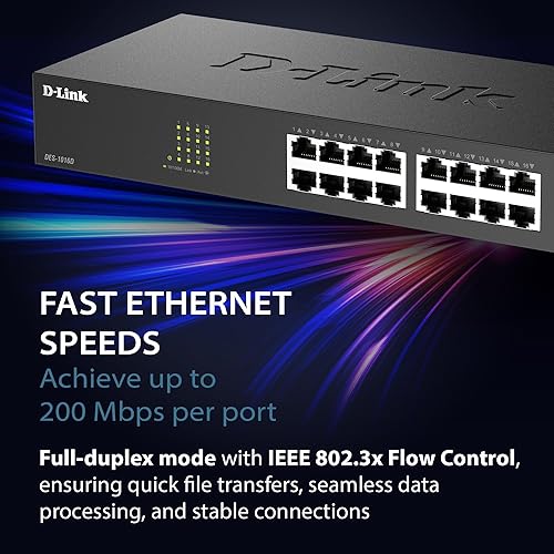 D-Link 16 Port Fast Ethernet Switch Unmanaged 10/100 Mbps Desktop Rackmount Plug and Play Metal Housing Fanless Design EEE (DES-1016D)