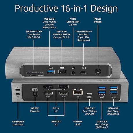 Kensington SD5800T Thunderbolt 4 and USB4 Quad 4K Display Docking Station, 98W Charging, 2 x HDMI, 2 x DP, 2.5G Ethernet, Card Readers, for Windows/masOS (K32856NA) Display: Quad HDMI+DP