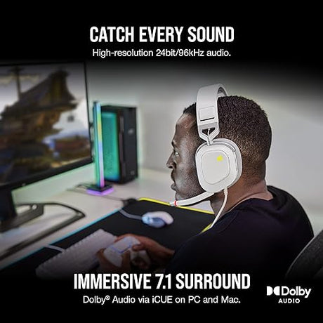 Corsair HS80 RGB USB Premium Gaming Headset with Dolby Audio 7.1 Surround Sound (Broadcast-Grade Omni-Directional Microphone, Memory Foam Earpads, High-Fidelity Sound, Durable Construction) White Wired White