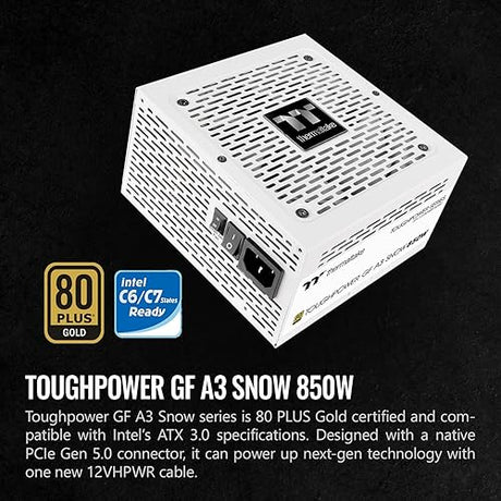 Thermaltake Toughpower GF A3 Snow Edition 850W 80+ Gold Full Modular SLI/Crossfire Ready ATX 3.0 Power Supply; PCIe Gen.5 450W 12VHPWR Connector Included; PS-TPD-0850FNFAGU-N; 10 Year Warranty