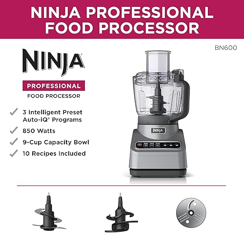 Ninja Professional Plus Food Processor 850-Watts With Auto-iQ Preset Programs Chop Puree Dough Slice Shred With a 9-Cup Capacity and a Silver Stainless Finish (BN600C) - Canadian Version