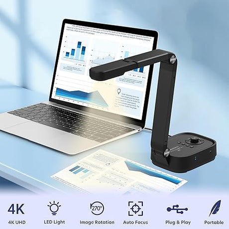 QOMO QPC100S 4K USB 13MP Portable Document Camera, with Mic, LED Light,Auto Focus, HDMI/USB Plug and Play, Compatible with Mac OS, Windows, Chromebook Compatible for Live Demo and Document Scanning