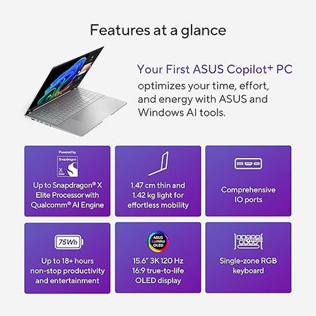 ASUS Vivobook S 15; Copilot+ PC, 15.6 Thin and Light Laptop, 3K 120Hz OLED, Snapdragon® X Plus Processor, 16GB Memory, 1 TB SSD, Copilot Key, Wi-Fi 7, Cool Silver, S5507QA-DB71-CB