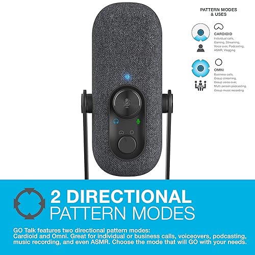JLab Go Talk USB Microphone, Black, USB-C Output, Cardioid or Omnidirectional, 96k Sample Rate, 20Hz, 20kHz Frequency Response, Volume Control and Quick Mute, 3.5mm AUX, Plug and Play