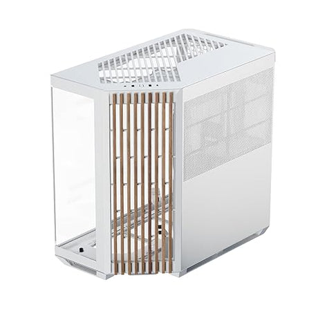 V1 Dual-Chamber ATX Mid-Tower Airflow PC Case, Panoramic Glass Panels, 10 Fan Slots, 360mm Radiator Support, Angular Intake 16cmx2 Fan Bracket, GPU Mount, Cable Management, Type-C, White/Wood White Wood Front Panel