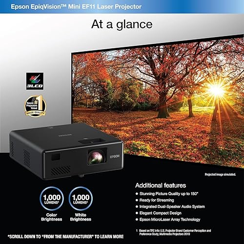 Epson EpiqVision Mini EF11 Laser Projector, 3LCD, Portable, Full HD 1080p, 1000 lumens Colour Brightness and White Brightness, 150-inch Home Entertainment