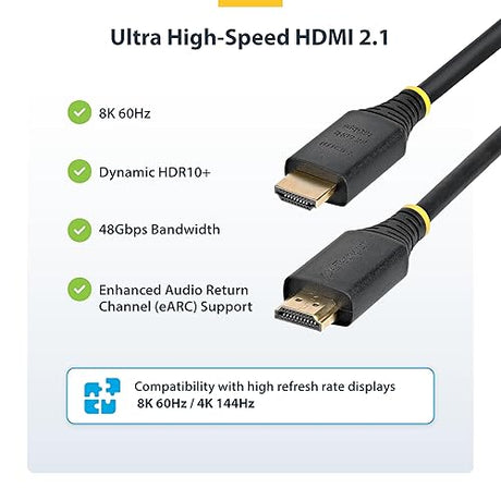 StarTech.com 3ft (1m) Certified Ultra High Speed HDMI Cable, 8K 60Hz/4K 120Hz, HDMI 2.1 Cord with HDR10+ / eARC, 48Gbps