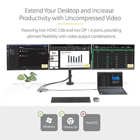 StarTech.com USB-C Triple-Monitor Multiport Adapter, Dual 4K 30Hz + 4K 60Hz HDMI & DisplayPort, 3-Port USB 10Gbps Hub, 100W PD Pass-Through, GbE, Travel Dock, Windows & ChromeOS (117B-USBC-MULTIPORT)