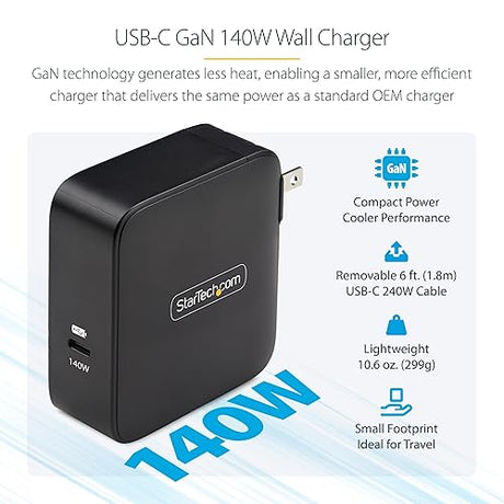 StarTech.com 140W USB-C Wall Charger, USB-IF Certified, Single USB-C, PD 3.1 Portable GaN Charging, Power Adapter for MacBook M3 Pro/Max, Dell XPS/Inspiron/Precision