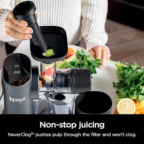 Ninja Cold Press Juicer, NeverClog Powerful Compact Slow Juicer with Total Pulp Control, XL Pulp Container and Juice Jug, Easy to Clean, JC151C (Canadian Version) New Model