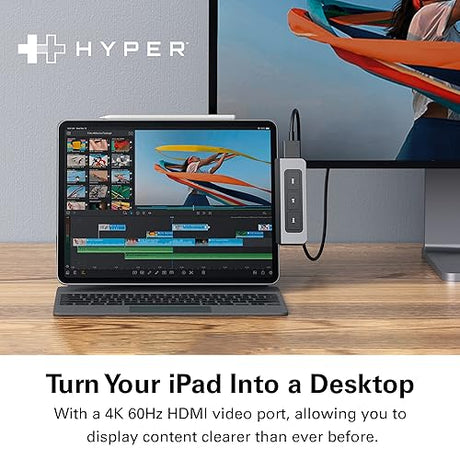 HyperDrive USB C Hub with iPad Media Player Shortcut Buttons, includes HDMI 4K60Hz, USB-C 5Gbps, USB-A 5Gbps, MicroSD/SD Card Reader, 3.5mm Headphone Jack , Endless Entertainment for iPad Pro Air Mini