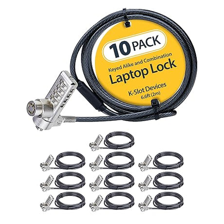 StarTech.com 10-Pack Dual-Access Laptop Lock, 6.5ft (2m) Keyed Alike and Combination Security Cable Lock for K-Slot Devices