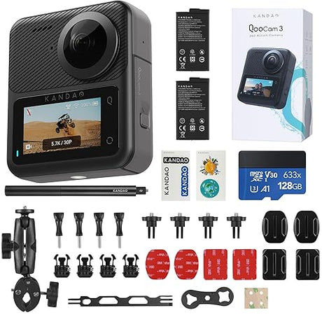KanDao QooCam 3 Action Camera with Dual 1/1.55 Sensors, 5.7K 30FPS 360 Sports Camera, HDR Video, 62MP Panoramic Photo, DNG8, F1.6 Large Aperture, Stabilization, Waterproof, Superior Night Shot Motorcycle Combo