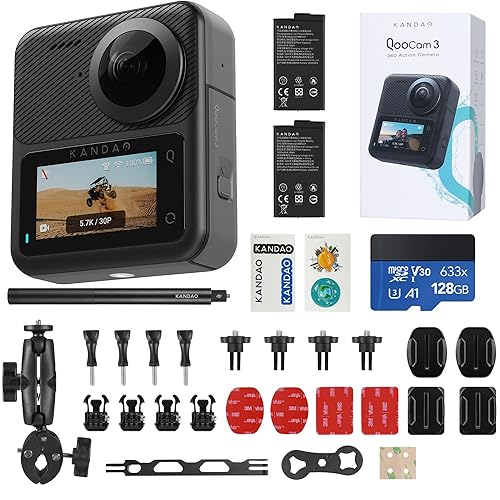 KanDao QooCam 3 Action Camera with Dual 1/1.55 Sensors, 5.7K 30FPS 360 Sports Camera, HDR Video, 62MP Panoramic Photo, DNG8, F1.6 Large Aperture, Stabilization, Waterproof, Superior Night Shot Motorcycle Combo