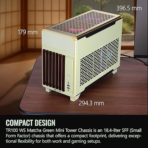 Thermaltake TR100 WS; Wood Front Trim; mITX Support; 18.9 Liters; PCIe 4.0 Riser Cable Included; 360mm GPU Clearance; 280mm Radiator Support; Removable PCIe Bracket; Matcha Green; CA-11A-00SENN-WS