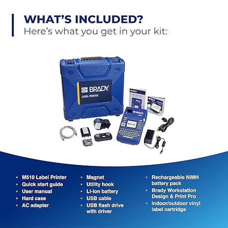 Brady M510 Portable Industrial Label Printer Kit with Product and Wire ID Software, Carrying Case, Label Cartridge, Rechargeable Battery and Charger, 3.75 H x 5.75 W x 10 D M510-PWID Printer Kit