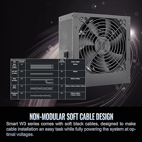 Smart W3 Series 80Plus Certified 600W Power Supply; ATX v3.1 Spec; 120mm FDB Fan; 5 Year Warranty; PS-SPW-0600NNFAWU-1