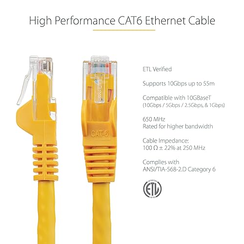 StarTech.com 125ft CAT6 Ethernet Cable - Yellow CAT 6 Gigabit Ethernet Wire -650MHz 100W PoE RJ45 UTP Network/Patch Cord Snagless w/Strain Relief Fluke Tested/Wiring is UL Certified/TIA (N6PATCH125YL) Yellow 125 ft / 38 m