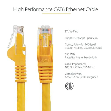 StarTech.com 125ft CAT6 Ethernet Cable - Yellow CAT 6 Gigabit Ethernet Wire -650MHz 100W PoE RJ45 UTP Network/Patch Cord Snagless w/Strain Relief Fluke Tested/Wiring is UL Certified/TIA (N6PATCH125YL) Yellow 125 ft / 38 m