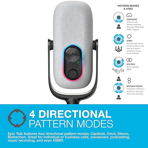 JLab Epic Talk USB Gaming Streaming Microphone, White, USB-C Output, Cardioid, Omni, Stereo, Bi-Directional, 192k Sample Rate, Volume Control, Gain Control, and Quick Mute, 3.5mm AUX, Plug and Play