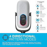 JLab Epic Talk USB Gaming Streaming Microphone, White, USB-C Output, Cardioid, Omni, Stereo, Bi-Directional, 192k Sample Rate, Volume Control, Gain Control, and Quick Mute, 3.5mm AUX, Plug and Play