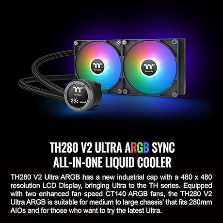 Thermaltake TH280 V2 Ultra ARGB Sync/AlO Liquid Cooler/ARGB Fan 140 * 2/PWM 500~1800rpm/Water Block 2.1 LCD/Black, CL-W385-PL14SW-A LCD 280mm Black