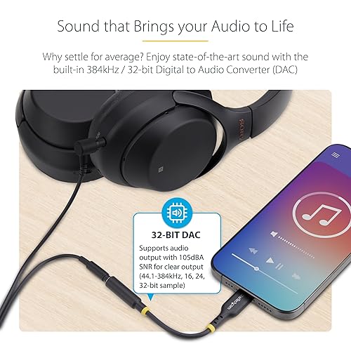 StarTech.com 5in (12.7cm) USB-C to 3.5mm TRRS Headphone/Headset Jack Audio Adapter, 32-bit DAC, USB C Aux Dongle for PC/Phone