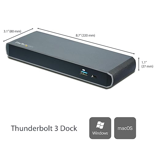 StarTech.com Thunderbolt 3 Dock - Dual Monitor 4K 60Hz Laptop Docking Station with DisplayPort - 85W Power Delivery - 3-Port USB 3.0 Hub, Ethernet, Audio - TB3 Dock - Windows & Mac (TB3DK2DPPD), Black, Gray, 1.06 (27 mm) x 3.15 (80 mm) x 8.66 (220 mm) 85W Power Delivery | 1x USB-A 3.0 | 1x USB-A 3.0 Fast Charge Port