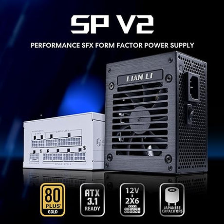 Lian Li SP850 Gold - 850 Watt SFX Form Factor Power Supply with Native 12V-2x6 Cable - Low Noise - 80 Plus Gold Efficiency - ATX 3.1 & PCIe 5.0 Compliant - 92mm FDB Fan - 10-Year - Black (SP850G.B) Gold 850W (V2) Black