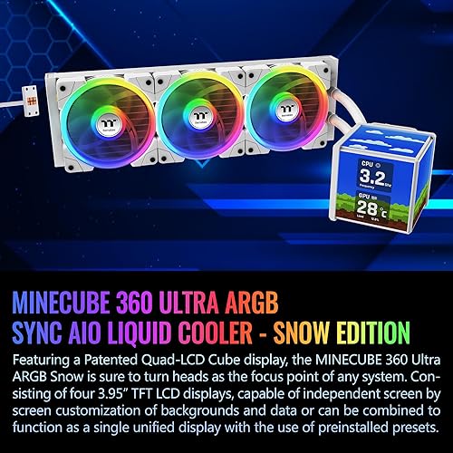 Thermaltake MINECUBE 360 Ultra CPU Liquid Cooler; Intel/AMD Compatible; 3x120mm 500~2000rpm SWAFAN EX ARGB;MAGForce 2.0. 4X 3.95 TFT LCD Screens; Swappable Fan Blades; Snow; CL-W482-PL12SW-A
