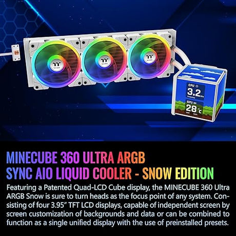 Thermaltake MINECUBE 360 Ultra CPU Liquid Cooler; Intel/AMD Compatible; 3x120mm 500~2000rpm SWAFAN EX ARGB;MAGForce 2.0. 4X 3.95 TFT LCD Screens; Swappable Fan Blades; Snow; CL-W482-PL12SW-A