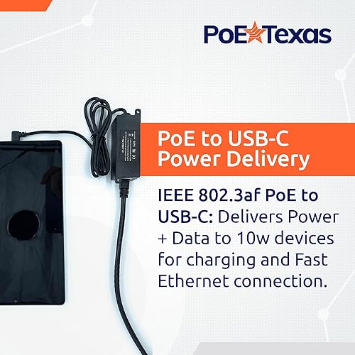PoE Texas Power Over Ethernet to USB-C PD Adapter for iPad Air, Mini, Samsung Tab, Google Pixel, Microsoft Surface Go - Converts from Any 802.3af PoE Switch or Injector to 10W Power and 10/100 Data