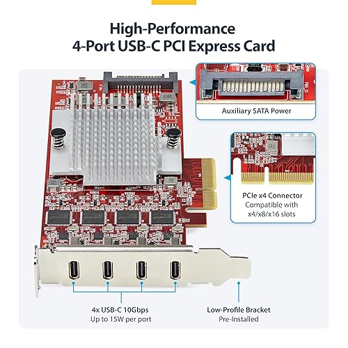 StarTech.com 4-Port USB Type-C PCIe Card, USB 3.2 10Gbps, USB-C PCI Express Card, 4X Independent USB Controllers, TAA