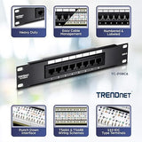 TRENDnet 8-Port Cat6 Unshielded Patch Panel, TC-P08C6, Rackmount, 10 Inch Wide, 8 x Gigabit RJ-45 Ethernet Ports, Pre-Numbered Ports, 250 Mhz Connection, Color Coded Labeling, 110 IDC Terminal Blocks