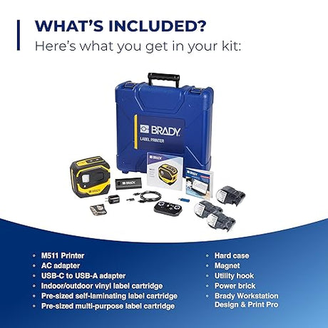 Brady M511 Portable Wireless Industrial Label Printer, Bluetooth Compatible, Comes with a Hard Case, Power Brick, 3 Label Cartridges, Magnet, Utility Hook Workstation Product/Wire Suite Printer Printer Kit