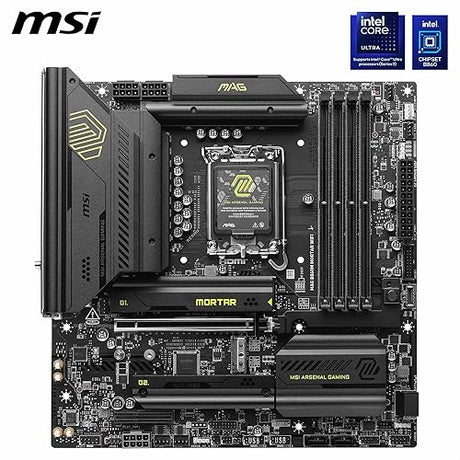 MSI MAG B860M Mortar WiFi Gaming Motherboard (Supports Core Ultra Series 2 Intel Processors, LGA 1851, DDR5, PCIe 5.0, M.2, SATA, 5Gbps LAN, USB Type-C, Wi-Fi 7, Bluetooth 5.4, Thunderbolt 4, mATX)