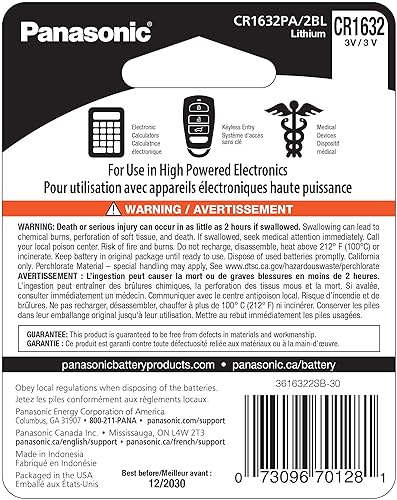 Panasonic CR1632 3.0 Volt Long Lasting Lithium Coin Cell Batteries in Child Resistant, Standards Based Packaging, 2-Battery Pack