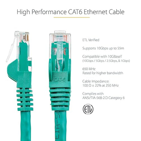 StarTech.com 14ft CAT6 Ethernet Cable - Green CAT 6 Gigabit Ethernet Wire -650MHz 100W PoE RJ45 UTP Network/Patch Cord Snagless w/Strain Relief Fluke Tested/Wiring is UL Certified/TIA (N6PATCH14GN)