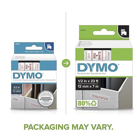 DYMO Labeling Tape, D1, Split Back, Adhesive, Easy Peel, 1/2x23', Red on White White with red type 1/2'' W x 23' L