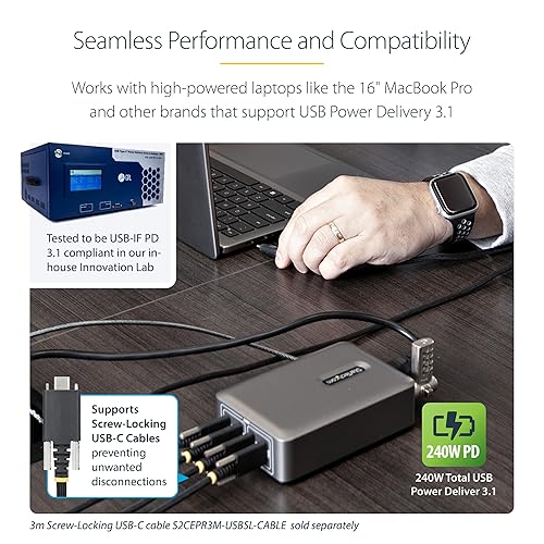StarTech.com 4-Port Multi-Device USB-C Charger, 240W Total, Single Port 140W EPR, PD 3.1, Screw Locking, Ideal for Boardrooms