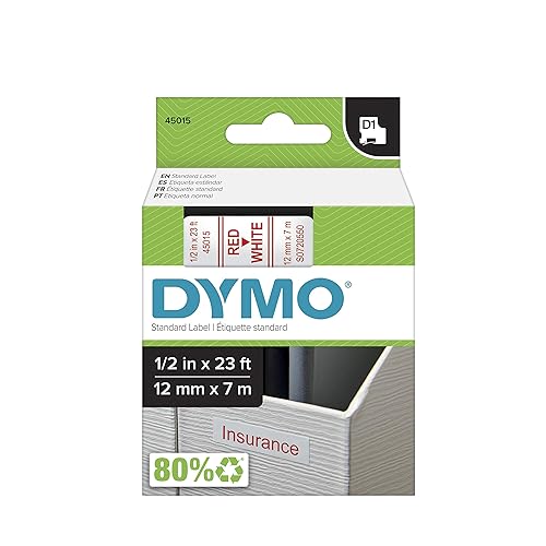 DYMO Labeling Tape, D1, Split Back, Adhesive, Easy Peel, 1/2x23', Red on White White with red type 1/2'' W x 23' L