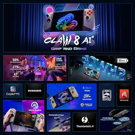 MSI Claw PC Gaming Handheld: Intel Ultra 7-258V, 8 FHD 120Hz Display, 32GB LPDDR5, 1TB NVMe SSD, MicroSD Card Reader, Thunderbolt 4, Win 11 Home: Black 8 AI+ A2VM-001US Ultra 7-258V 32 GB 1 TB