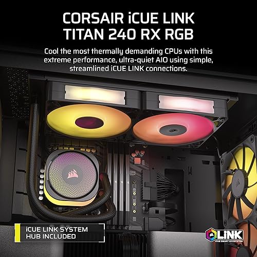 Corsair iCUE Link Titan 240 RX RGB Liquid CPU Cooler – 240mm AIO – 2X RX120 RGB Fans Included – Fits Intel LGA 1851/1700, AMD AM5/AM4 – iCUE Link System Hub Included – Black Black 240mm AIO