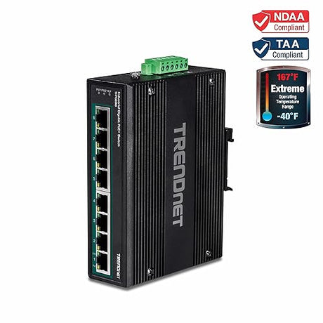 TRENDnet 8-Port Hardened Industrial Unmanaged Gigabit 10/100/1000Mbps DIN-Rail Switch w/ 8 x Gigabit PoE+ Ports, TI-PG80B, 24 – 56V DC Power inputs with Overload Protection 8 Port w/ Boost Voltage