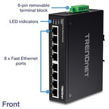 TRENDnet 8-Port Industrial Unmanaged Fast Ethernet DIN-Rail Switch, TI-E80, 8 X Fast Ethernet Ports, 12 – 56 VDC Redundant Power inputs, 6Kv ESD and 2Kv Eft Protection, Lifetime Protection