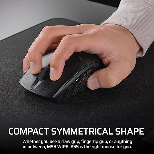 Corsair M55 Wireless Lightweight FPS Gaming Mouse – 2.4GHz & Bluetooth – 24,000 DPI – Long-Lasting Battery Life – Six Programmable Buttons – Textured Side Grips – Black Black Wireless