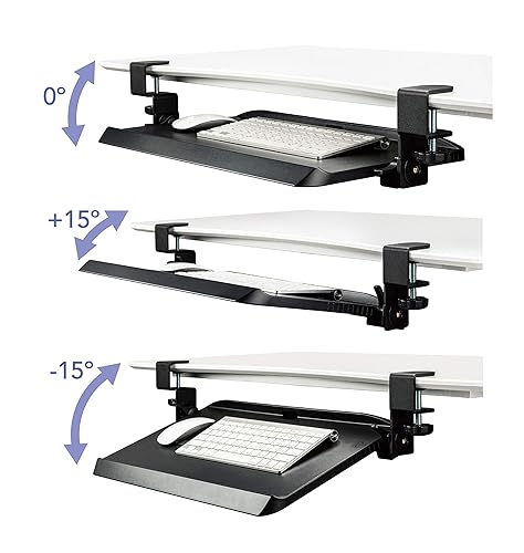 Kantek Clamp On Under Desk Ergonomic Computer Keyboard Tray Holder, Adjustable Tray Slides Out with Tilt Control, Easy Mounting, 20 X 11.5, Black